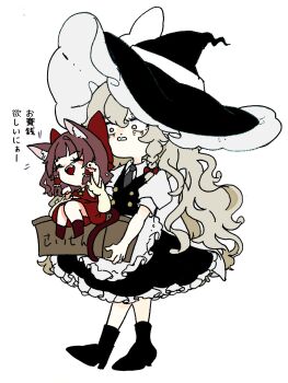 2girls animal_ears apron ascot black_hat black_shoes black_skirt black_vest blonde_hair bow box braid brown_hair cat_ears cat_girl cat_tail chantarou collared_shirt commentary_request detached_sleeves donation_box frilled_hair_tubes frilled_skirt frills full_body green_necktie hair_bow hair_tubes hakurei_reimu hat hat_bow high_heels highres kemonomimi_mode kirisame_marisa long_hair multiple_girls necktie open_mouth paw_pose puffy_short_sleeves puffy_sleeves red_bow red_skirt shirt shoes short_sleeves side_braid simple_background single_braid skirt skirt_set smile tail touhou translation_request very_long_hair vest waist_apron white_apron white_background white_bow white_shirt witch_hat yellow_ascot yellow_eyes