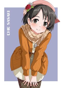 1girl beret black_hair blush border brown_scarf cable_knit cardigan character_name closed_mouth commentary_request cowboy_shot dress flower grey_hair hat hat_flower highres idolmaster idolmaster_cinderella_girls illustscody leaning_forward long_sleeves looking_at_viewer open_cardigan open_clothes orange_cardigan outside_border parted_bangs pink_hat purple_background red_flower red_rose rose sasaki_chie scarf short_hair simple_background smile solo split_mouth standing sweater sweater_dress white_border white_sweater