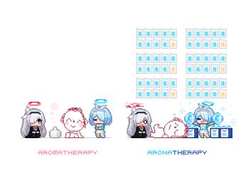 1boy 2girls =_= arona_(blue_archive) blue_archive blue_hair blue_halo chibi chibi_only commentary doodle_sensei_(blue_archive) english_commentary gacha_(game_mechanic) halo multiple_girls o_o pixel_art plana_(blue_archive) pun pyroxene_(blue_archive) recruitment_(blue_archive) redforge sensei_(blue_archive) simple_background smile white_background white_hair