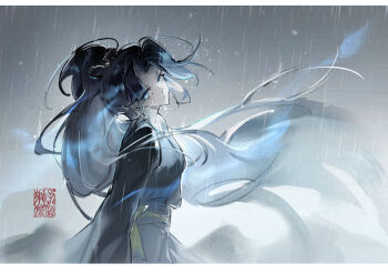 1girl absurdres blue_dress blue_eyes blue_hair blue_sash chinese_clothes chinese_commentary commentary_request cowboy_shot dress floating_hair high_ponytail highres letterboxed limbus_company lin_daiyu_(project_moon) long_hair long_sleeves looking_at_viewer parted_bangs ponytail project_moon rain sash shizi_ji_jiu_jijiu solo very_long_hair