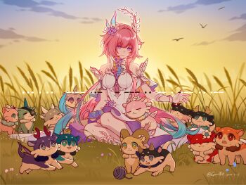 1girl absurdres bare_shoulders blue_hair blue_streaks breasts cyrene_(demiurge)_(honkai:_star_rail) cyrene_(honkai:_star_rail) detached_sleeves diamond-shaped_pupils diamond_(shape) dress dress_flower fingernails flower gamo_moxuan grass hair_flower hair_intakes hair_ornament highres honkai:_star_rail honkai_(series) large_breasts long_hair meadow multicolored_hair nail_polish outdoors pink_hair pink_nails pointy_ears purple_eyes purple_flower short_sleeves sitting sky smile solo streaked_hair symbol-shaped_pupils very_long_hair white_dress white_sleeves yokozuwari
