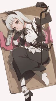 1girl absurdres apron arknights black_dress black_gloves dress earrings from_above gloves grey_hair highres if_f irene_(arknights) jewelry long_hair long_sleeves looking_at_viewer lying maid maid_apron on_side scar scar_across_eye scar_on_face sidelocks solo white_apron white_hair