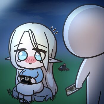 2girls alternate_costume black_hair blonde_hair blue_eyes cerestia_of_life chibi chibi_only clooliss commentary_request dark-skinned_female dark_elf dark_skin elf grass head_bump highres korean_commentary last_origin long_hair lying multiple_girls night on_stomach pointy_ears rock sandals sekhmet_of_death shirt sitting skirt tearing_up very_long_hair