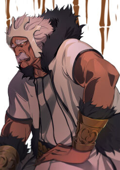 Rule 34 | 1boy, arrancar, baraggan louisenbairn, black fur, bleach, commentary request, crown, dark-skinned male, dark skin, facial hair, fur-trimmed bracer, fur-trimmed jacket, fur trim, gold bracer, grey hair, highres, ibaraki shun, jacket, looking at viewer, muscular, muscular male, mustache, old, old man, one eye closed, open clothes, open jacket, scar, scar on face, short sleeves, solo, thick eyebrows, yellow eyes