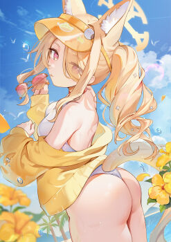 1girl :p animal_ear_fluff animal_ears ass back bare_shoulders blonde_hair blue_archive blue_sky blurry blush breasts cloud day flower fox_ears from_behind from_side hair_between_eyes hair_ornament halo hat highres holding jacket kita_(kitairoha) long_hair long_sleeves looking_at_viewer looking_back off_shoulder official_alternate_costume open_clothes open_jacket outdoors seia_(blue_archive) seia_(swimsuit)_(blue_archive) sky solo swimsuit tail thighs thong tongue tongue_out unworn_eyewear