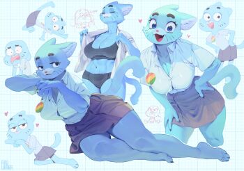 1girl :3 abs animal_ear_fluff animal_ears animal_feet animal_hands animal_nose arms_up artist_name averting_eyes barefoot black_bra black_panties black_skirt black_sports_bra blue_background blue_border blue_eyes blue_fur blue_nails blue_outline blue_skin blue_skirt blue_tail blue_theme blush body_fur border bra breasts brown_skirt buttons cat_ears cat_girl cat_tail chibi chibi_inset claws cleavage closed_eyes closed_mouth collarbone collared_shirt colored_skin commentary_request constricted_pupils cowboy_shot cropped_legs cropped_torso dress_shirt english_text facial_mark fang fangs feet food full_body furry furry_female grid_background half-closed_eyes hand_on_own_hip hand_on_own_thigh hand_up hands_on_own_hips hands_up hanging_breasts happy highres inuki_(aruurara) large_breasts leaning_forward leaning_to_the_side legs legs_together looking_at_viewer looking_down looking_to_the_side lying mature_female midriff miniskirt multiple_views navel nicole_watterson nose_blush on_side open_clothes open_mouth open_shirt outline own_hands_together panties pawpads personification pleated_skirt pocket raised_eyebrow raised_eyebrows school_uniform shirt shirt_tucked_in short_hair short_sleeves simple_background sitting skirt smile smug snout sports_bra standing stomach stretching surprised sweat tail talking teeth the_amazing_world_of_gumball thick_eyebrows thick_thighs thighs tongue tongue_out turn_pale two-tone_fur underwear undressing whisker_markings whiskers white_fur white_outline white_shirt wide-eyed wide_hips yokozuwari