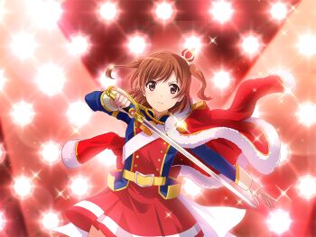 Rule 34 | 1girl, aijou karen, belt, blue jacket, brown eyes, brown hair, closed mouth, crown, fur-trimmed jacket, fur trim, game cg, holding, holding sword, holding weapon, jacket, jacket on shoulders, long sleeves, looking at viewer, mini crown, official art, outstretched arm, red jacket, red skirt, sash, short hair, shoujo kageki revue starlight, shoujo kageki revue starlight -re live-, skirt, solo, stage lights, swept bangs, sword, tilted headwear, two side up, upper body, v-shaped eyebrows, weapon, white sash, yellow belt