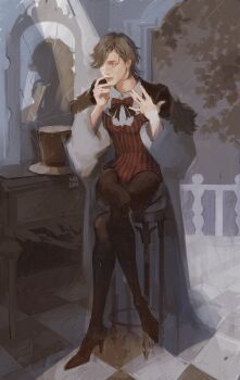 1boy \||/ balcony brown_eyes brown_hair brown_pantyhose chest_bow cowboy_shot crack crack_of_light cracked_glass crossed_legs ecler_ecler finger_to_mouth full_body fur_collar genshin_impact hand_on_own_chest highres indoors lyney_(genshin_impact) male_focus mirror open_mouth painterly pantyhose red_vest reflection shirt short_hair sitting solo stool table tile_floor tiles tree vanity_table vest white_shirt