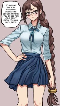 1girl blue_skirt blush braid braided_ponytail breasts brown_eyes brown_hair commentary ear_piercing english_commentary fate/grand_order fate_(series) glasses hand_on_own_hip highres long_hair looking_at_viewer medium_breasts piercing school_uniform shinsaku_(stan-art) skirt solo speech_bubble yu_mei-ren_(fate)