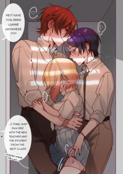 ... 1girl 2boys absurdres alternate_costume black_nails blonde_hair commentary couple english_commentary english_text genshin_impact heart hetero highres in_locker locker lumine_(genshin_impact) multiple_boys necktie pants purple_hair red_hair scaramouche_(genshin_impact) school_uniform shirt short_hair silva_shiro skirt smile speech_bubble spoken_heart straddling sweat tartaglia_(genshin_impact) thigh_straddling white_shirt