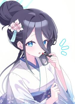 1girl absurdly_long_hair absurdres aqua_halo aris_(blue_archive) black_hair blue_archive blue_eyes blush flower hair_between_eyes hair_bun hair_flower hair_ornament halo highres holding japanese_clothes kimono long_hair long_hair_between_eyes long_sleeves looking_at_viewer poko050498 rectangular_halo ringed_eyes solo striped_clothes striped_kimono upper_body very_long_hair white_background white_kimono wide_sleeves