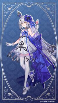 1girl bare_shoulders blush border bow breasts crown cup dragon_girl dragon_tail dress drinking_glass fate/grand_order fate_(series) forked_eyebrows formal_clothes full_body gloves gradient_background gradient_hair grey_hair hair_bow hair_ornament halterneck highres holding holding_cup long_hair looking_at_viewer melusine_(fate) mini_crown multicolored_hair official_art open_mouth orange_eyes ornate_border pantyhose ponytail purple_hair second-party_source small_breasts smile solo standing starshadowmagician tail white_pantyhose wine_glass