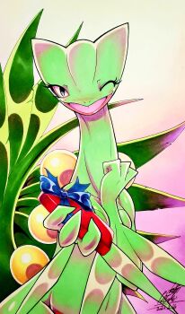 025aki absurdres furry furry_female gen_3_pokemon gift hand_up highres holding holding_gift looking_at_viewer marker_(medium) nintendo one_eye_closed pokemon pokemon_(creature) sceptile solo standing traditional_media