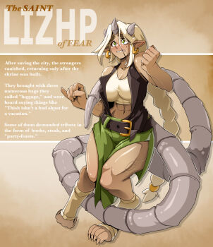 1girl abs bankage black_vest blonde_hair braid breasts character_name clenched_hands commentary dark-skinned_female dark_skin digitigrade dragon_girl dragon_horns dragon_tail earrings english_commentary english_text fingernails full_body green_eyes green_skirt highres hoop_earrings horns jewelry large_breasts lizhp_libellus_aetern-ritter long_hair midriff mismatched_eyebrows original pelvic_curtain pinky_out pointy_ears redesign sharp_fingernails sharp_toenails side_slit single_braid skirt solo sports_bra tail thick_eyebrows toeless_legwear toenails toned very_long_hair vest white_sports_bra