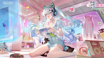 1girl absurdres aether_gazer animal_ear_headphones animal_ears arm_warmers artist_request bandaid_on_chest belt belt_collar blue_hair blue_nails cat_ear_headphones cat_ears chair character_doll character_request collar copyright_name cup doll donut fake_animal_ears fang fishnet_thighhighs fishnets food gaming_chair gradient_hair grey_hair hair_ornament handheld_game_console headphones heart highres holding holding_handheld_game_console long_hair multicolored_hair official_art open_mouth pillow single_thighhigh spoken_heart star_(symbol) star_hair_ornament swivel_chair thighhighs white_belt