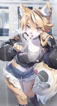 1girl absurdres animal_ear_fluff animal_ears black_boots black_jacket blonde_hair blue_shorts body_fur boots breasts building cat_ears cat_girl cat_tail charm_(object) collarbone commentary_request drawing_(action) ear_piercing earrings fangs fur-trimmed_shorts fur_trim furry furry_female glass green_eyes grey_shirt heart heart_necklace highres jacket jewelry long_hair medium_breasts midriff multicolored_fur navel necklace outdoors piercing pink_nails pulchra_fellini qingkefu_yixia raised_eyebrow shirt shorts solo tail tongue torn_clothes torn_shirt window yellow_fur zenless_zone_zero