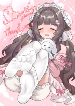 1girl absurdres black_hair blush chrochlomyl closed_eyes feet highres long_hair open_mouth soles thighhighs toes white_thighhighs