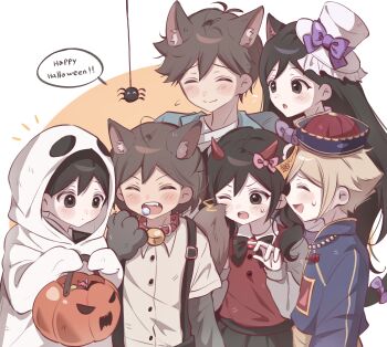 2girls 4boys absurdres alternate_costume alternate_hairstyle animal_ears aubrey_(faraway)_(omori) aubrey_(omori) basil_(faraway)_(omori) basil_(omori) basket bell black_bow black_eyes black_hair blonde_hair blush bow brother_and_sister brothers bug candy cat_ears closed_eyes closed_mouth collar dark-skinned_male dark_skin double-parted_bangs english_text fake_animal_ears fang flying_sweatdrops food ghost_costume hair_behind_ear hair_between_eyes halloween_costume hat hat_bow hat_ribbon hero_(faraway)_(omori) hero_(omori) highres holding holding_basket holding_candy holding_food jiangshi_costume kel_(faraway)_(omori) kel_(omori) long_hair long_sleeves looking_at_another low_twintails mari_(faraway)_(omori) mari_(omori) multiple_boys multiple_girls neck_bell omori one_eye_closed open_mouth purple_bow purple_ribbon red_collar ribbon short_hair siblings smile speech_bubble spider sunny_(omori) suspenders sweatdrop teeth twintails upper_teeth_only white_hat wktdms1 wolf_ears