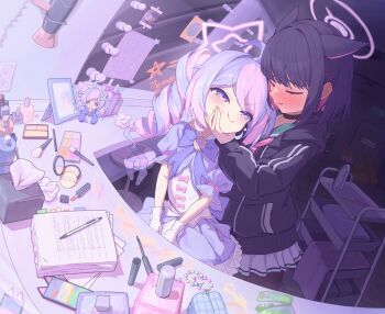 2girls ahoge animal_ears black_choker black_hair black_hoodie blue_archive blue_bow blue_dress blue_hair blue_shirt blush bow cat_ears cat_girl cellphone character_doll chest_bow choker closed_eyes doll dress drill_hair gloves halo hands_on_another's_cheeks hands_on_another's_face highres hoo231013 hood hoodie kazusa_(blue_archive) long_hair looking_at_another magical_girl makeup multicolored_hair multiple_girls official_alternate_costume open_mouth paper_stack pen phone photo_(object) pink_hair pink_halo puffy_short_sleeves puffy_sleeves purple_eyes reisa_(blue_archive) reisa_(magical)_(blue_archive) shirt short_sleeves skirt smartphone smile socks star_(symbol) star_halo striped_clothes textless_version twin_drills twintails unworn_socks white_gloves white_skirt yuri