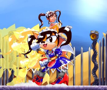 2girls :3 afterimage animal_ears arena arm_up armor armored_dress artist_logo black_eyes black_hair blackwind677 brown_eyes brown_hair cat cat_ears cat_tail cosplay cuffs day dress dust_cloud fighting_vipers fighting_vipers_2 gloves hairband highres honey_(fighting_vipers) honey_(fighting_vipers)_(cosplay) honey_the_cat logo looking_back multiple_girls open_mouth sega snake_head sonic_(series) tail twintails