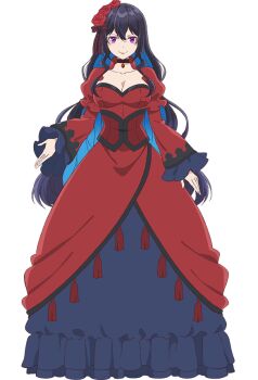 1girl black_choker black_hair blue_hair breasts choker cleavage colored_inner_hair commentary_request dress eris_no_seihai flower full_body hair_between_eyes hair_flower hair_ornament large_breasts long_dress long_hair long_sleeves looking_at_viewer multicolored_hair official_art purple_eyes red_dress red_flower red_rose rose scarlet_castiel second-party_source solo transparent_background very_long_hair wide_sleeves