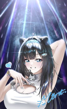 1girl animal_ears antenna_hair arm_behind_head armpits asymmetrical_hair bare_shoulders black_hair blue_eyes blue_headband blush bracelet breasts character_name cleavage_cutout clothing_cutout commentary fish_hair_ornament goddess_of_victory:_nikke grin hair_ornament headband headset heart highres jewelry jintan0055 large_breasts long_hair looking_at_viewer mint_(nikke) multicolored_nails multiple_bracelets smile solo sparkle upper_body very_long_hair
