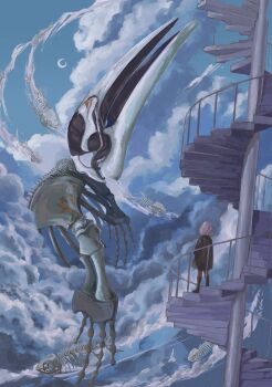 1other absurdres ambiguous_gender animal animal_skeleton cloud cloudy_sky commentary fantasy from_behind highres moon night original outdoors oversized_animal scenery sky sou_otoya63 spiral_staircase stairs standing wide_shot