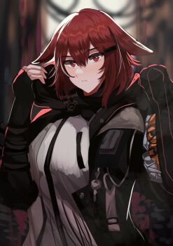 1girl animal_ears arknights artist_name black_gloves black_jacket blue_sealad blurry blurry_background closed_mouth commentary crownslayer_(arknights) ears_down fingerless_gloves floppy_ears gloves hair_between_eyes hair_ornament hairclip hood hood_down hooded_jacket jacket long_sleeves looking_at_viewer open_clothes open_jacket red_eyes red_hair shirt short_hair solo upper_body white_shirt