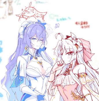 2girls abby_(wuthering_waves) ahoge aqua_eyes bare_shoulders blue_eyes blue_flower blue_hair bow breasts cantarella_(wuthering_waves) carlotta_(splashing_summer)_(wuthering_waves) carlotta_(wuthering_waves) casual_one-piece_swimsuit closed_mouth colored_inner_hair commentary_request dress facial_mark flower frilled_one-piece_swimsuit frills hair_between_eyes hair_bow hair_flower hair_ornament hand_up headdress highres light_blush long_hair looking_at_viewer mark_under_eye medium_breasts multicolored_hair multiple_girls off-shoulder_one-piece_swimsuit off_shoulder official_alternate_costume one-piece_swimsuit one_eye_closed parted_lips pink_bow pink_one-piece_swimsuit purple_hair shrug_(clothing) sketch smile starblame striped_bow swimsuit translation_request white_dress white_hair white_shrug wuthering_waves