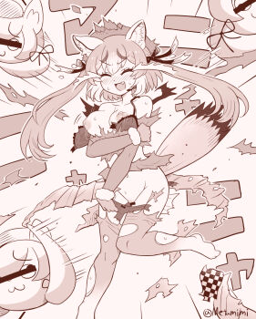 1girl animal_ears bra breasts extra_ears fox_ears fox_girl fox_tail gloves hat highres island_fox_(kemono_friends) jacket kanihai kemono_friends kemono_friends_v_project large_breasts long_hair metamimi microphone nipples pantyhose ribbon simple_background skirt tail tears twintails underwear virtual_youtuber