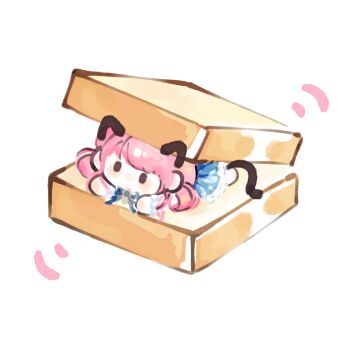 Rule 34 | 1girl, animal ears, barefoot, blue bow, blue bowtie, blue dress, bow, bowtie, brooch, brown eyes, bubble print, bubbly voyage (infinity nikki), cat ears, cat girl, cat tail, chibi, chinese commentary, commentary request, dress, fengmi youzi hua, food, frilled dress, frilled wrist cuffs, frills, hair rings, highres, infinity nikki, jewelry, kemonomimi mode, light blush, long dress, looking ahead, lying, motion lines, nikki (nikki), nikki (series), no mouth, on stomach, pink hair, pleated dress, print dress, sandwich, short hair with long locks, sidelocks, simple background, solid oval eyes, solo, tail, white background, white wrist cuffs, wrist cuffs