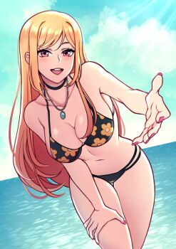 1girl bikini black_bikini black_choker blue_sky blush breasts choker cleavage cloud cloudy_sky cowboy_shot dutch_angle floral_print floral_print_bikini hand_on_own_thigh jellypon jewelry kitagawa_marin large_breasts leaning_forward long_hair looking_at_viewer multi-strapped_bikini_bottom necklace open_mouth orange_hair outdoors outstretched_hand pink_nails print_bikini reaching reaching_towards_viewer red_eyes sky smile sono_bisque_doll_wa_koi_wo_suru swimsuit teeth tongue upper_teeth_only water