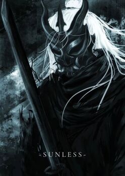 1other artskiddy69 black_scarf character_name floating_hair hair_bun highres holding holding_sword holding_weapon horns long_hair mask official_alternate_costume oni_mask scarf shadow_slave solo sunny_(shadow_slave) sword upper_body very_long_hair weapon white_hair