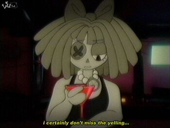 1990s_(style) 1girl bow brown_hair button_eyes buttons dress glass gloves hair_bow highres jewelry lueduar multicolored_eyes necklace ragatha_(the_amazing_digital_circus) red_eyes red_hair retro_artstyle scene_reference short_hair solo tagme the_amazing_digital_circus two-tone_eyes