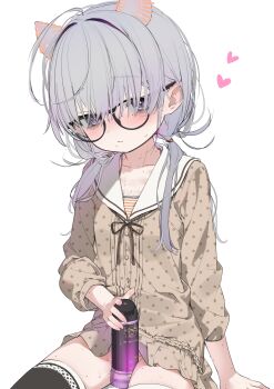 1girl absurdres between_thighs black_thighhighs blush commentary_request dress flat_chest freckles glasses grey_eyes grey_hair heart highres long_hair looking_at_viewer lotion_bottle low_twintails mole no_panties original sea_slug_girl solo sweat thighhighs twintails yoru_uyo
