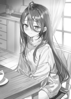 1girl ahoge blush chair closed_mouth commentary_request greyscale highres kimishima_ayano long_hair looking_at_viewer momoko_(momopoco) monochrome novel_illustration official_art on_chair sitting smile solo table tokidoki_bosotto_roshia-go_de_dereru_tonari_no_alya-san