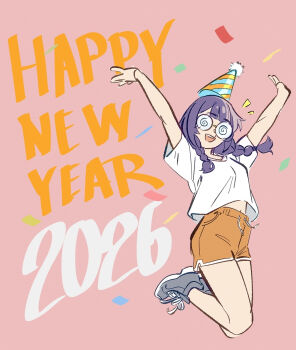1girl 2026 @_@ arms_up blue_hat blunt_bangs braid braided_sidelocks coke-bottle_glasses commentary confetti english_commentary english_text glasses grey_shoes happy_new_year hat highres jumping long_sidelocks midair midriff_peek new_year notice_lines open_mouth orange_hat orange_shorts original party_hat pink_background pom_pom_(clothes) purple_hair realda_(vibrantrida) shirt shoes short_hair short_sleeves shorts sidelocks simple_background smile sneakers solo striped_hat teeth upper_teeth_only vibrantrida white_shirt white_trim