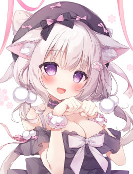 1girl animal_ears black_bow black_choker black_hat blush bow breasts cat_ears cat_girl cat_tail choker cleavage commentary_request frilled_choker frills grey_hair hair_between_eyes hair_ornament hand_up hat highres long_hair looking_at_viewer medium_breasts open_mouth original pom_pom_(clothes) pom_pom_hair_ornament purple_eyes shirosei_mochi solo tail upper_body white_bow