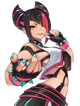 1girl ap_cammy black_gloves black_hair bracelet collar commentary_request diagonal_bangs fingerless_gloves from_side gloves green_nails hair_horns hair_over_one_eye han_juri highres jewelry lollipop_in_mouth looking_at_viewer multicolored_hair navel pink_eyes pink_hair short_hair solo spiked_bracelet spiked_collar spikes street_fighter two-tone_hair white_background