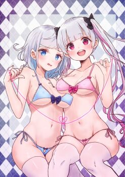 Rule 34 | 2girls, aqua nails, argyle background, black bow, blue bow, blue bra, blue eyes, blue panties, blue streaks, blunt ends, blush, bow, bow bra, bow panties, bra, breast on breast, breasts, cleavage, collarbone, commentary request, covered erect nipples, dot nose, feet out of frame, grey hair, groin, hair bow, hand on another's shoulder, hand up, highres, large breasts, lin oekaki, linea alba, long hair, medium breasts, medium hair, multicolored hair, multiple girls, navel, open mouth, original, panties, parted lips, pink bow, pink bra, pink eyes, pink nails, pink panties, pink streaks, side-tie panties, sitting, smile, stomach, streaked hair, string, string of fate, thighhighs, twintails, underwear, underwear only, variant set, very long hair, wavy mouth, white thighhighs