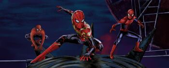 3boys absurdres animal_print arm_up artist_name bad_tag black_bodysuit blue_bodysuit blue_sky bodysuit commentary english_commentary full_body gold_trim highres in-franchise_crossover legs_apart looking_ahead male_focus marvel mask multicolored_bodysuit multiple_boys multiple_persona night outdoors print_bodysuit red_bodysuit scene_reference side-by-side sky spider-man spider-man:_no_way_home spider-man_(series) spider_print spider_web_print squatting standing statue statue_of_liberty superhero_costume superhero_landing toned toned_male twitter_username two-tone_bodysuit waitochan