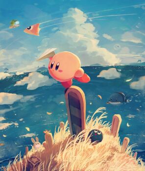 :o arm_up artist_name blue_eyes blue_sky blush blush_stickers bug butterfly character_request contrail day fatty_whale full_body gooey_(kirby) grass highres holding holding_paper_airplane insect island kirby kirby_(series) kracko leaf nintendo no_humans ocean outdoors palm_tree paper_airplane parted_lips polof rabbit red_footwear revision scenery shoes sky smoking_pipe soarar standing star_block suyasuyabi tree twitter_username water whale