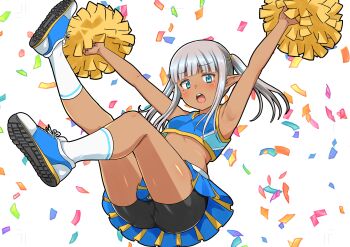 Rule 34 | 1girl, :o, absurdres, armpits, arms up, bare shoulders, bike shorts, black shorts, blue eyes, blue shoes, blue skirt, blunt bangs, blush, cheering, cheerleader, commentary, confetti, crop top, dark-skinned female, dark elf, dark skin, elf, full body, grey hair, highres, holding, holding pom poms, karla (kono healer mendokusai), kono healer mendokusai, leg up, long hair, long sidelocks, looking at viewer, midair, midriff, official art, open mouth, pointy ears, pom pom (cheerleading), pom poms, shiny skin, shirt, shoes, shorts, sidelocks, skirt, sleeveless, sleeveless shirt, sneakers, socks, solo, symbol-only commentary, tannen ni hakkou, teeth, twintails, upper teeth only, white background, white socks