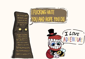 1boy 1other a.m anger_vein angry caine_(the_amazing_digital_circus) cane coattails comparison crossover dentures detached_eyes disgust english_text faceless faceless_male formal_clothes gloves green_eyes hat hate_pillar_(ihnmaims) heterochromia holding i_have_no_mouth_and_i_must_scream looking_at_another no_humans no_mouth open_mouth personification red_suit simple_background speech_bubble startheskeleto1 suit teeth the_amazing_digital_circus top_hat trait_connection twitter_username white_background white_gloves