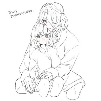 1boy 1girl absurdres alternate_costume averting_eyes blush breasts closed_mouth couple curtained_hair fingernails genshin_impact greyscale hair_intakes hair_over_one_eye hand_on_another&#039;s_hand hand_on_another&#039;s_stomach height_difference hetero highres ikasarumonn jewelry large_breasts long_sleeves looking_at_another monochrome naked_shirt rerir_(genshin_impact) ring shirt short_hair sitting sitting_between_lap sleepwear spot_color sweat tholindis_(genshin_impact) translation_request tsurime wedding_ring white_background