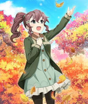 Rule 34 | 1girl, :d, arm up, autumn, autumn leaves, black pantyhose, blue eyes, blue sky, breasts, brown hair, buttons, cloud, cowboy shot, day, dot nose, dress, game cg, green dress, green jacket, hair ornament, hair tie, hairclip, hand on own chest, high side ponytail, jacket, leaf, long sleeves, nishi kozue, official art, open mouth, outdoors, pantyhose, sidelocks, sky, small breasts, smile, solo, third-party source, toji no miko, toji no miko: kizamishi issen no tomoshibi