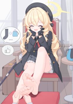 1girl absurdres barefoot black_gloves blonde_hair blue_archive chinese_commentary closed_eyes commentary_request eugenecolin feet gloves halo hat highres long_hair professor_niyaniya_(blue_archive) sock_tea soles solo_focus tickling tickling_feet toes variant_set