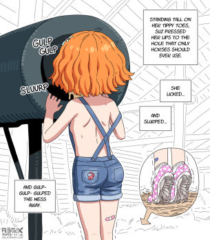 1girl among_us breasts breeding_mount english_text fellatrix female_focus gokkun highres impostor_(among_us) loli orange_hair overalls short_hair small_breasts solo standing suzieq_(fellatrix)