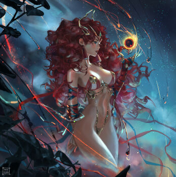 1girl artist_name big_hair blue_eyes breasts closed_mouth commentary earrings english_commentary highres jewelry large_breasts long_hair magic marvel marvel_rivals paid_reward_available red_hair red_lips scarlet_witch solo tatti_art variant_set