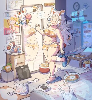 1girl animal_ear_fluff animal_ears apartment artist_request bag blonde_hair blue_shoes blush breasts camisole crocs crop_top crumbs donut food food_on_face grocery_bag hair_ornament hairclip highleg highleg_panties highres horns ice_cream ice_cream_cone kfc long_hair mascot mirror multicolored_hair navel open_mouth orange_shirt orange_shorts original pajamas pancake33 panties pizza plump putting_on_footwear red_hair shirt shoes shopping_bag short_shorts shorts skindentation sleeveless sleeveless_shirt small_breasts snack socks spoken_sweatdrop standing standing_on_one_leg sweatdrop twitter_username underwear watermark weighing_scale weight_conscious weight_gain whale_tail_(clothing) white_hair white_panties wide_hips